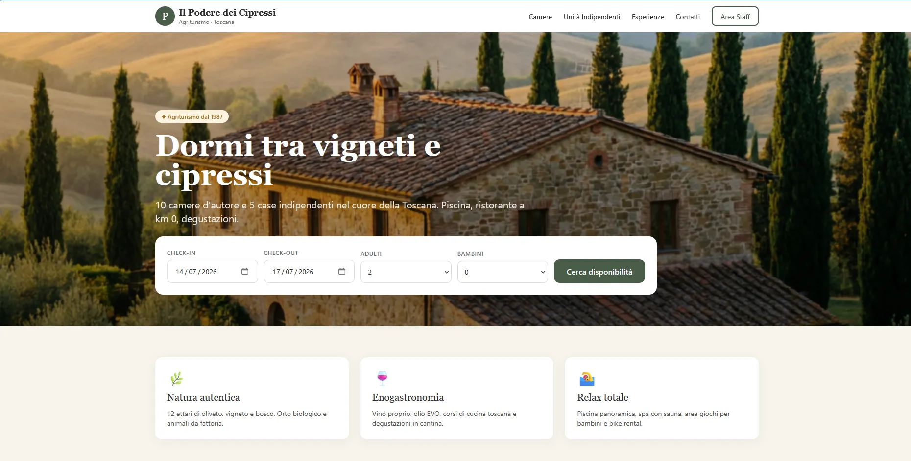 immagine di un sito per l'ospitalità: agriturismo
